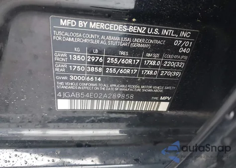 2002 Mercedes-Benz Ml 320 from USA, damaged, VIN 4JGAB54E02A289858